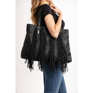 Silpada Black Leather Fringe Tote Bag Boho Western Tassel Large Shoulder Purse